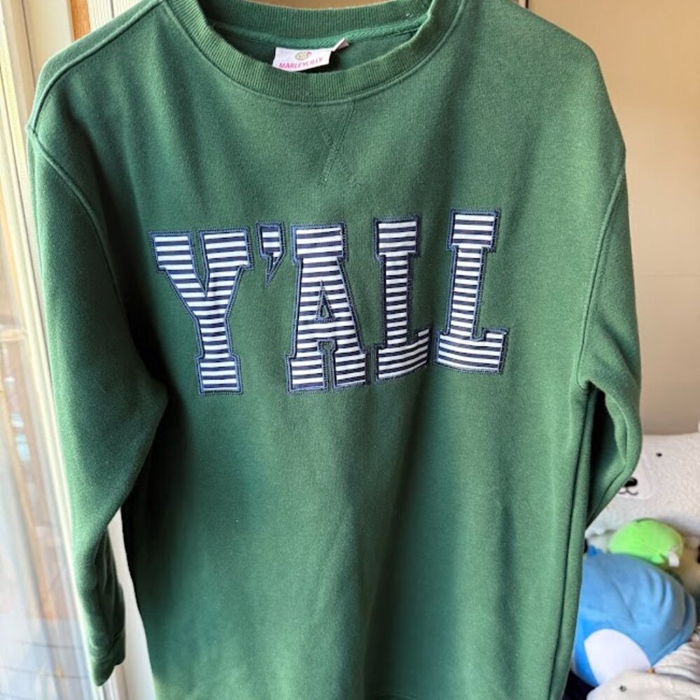 Marley Lilly, small/medium, green embroidered y'all, crewneck sweatshirt